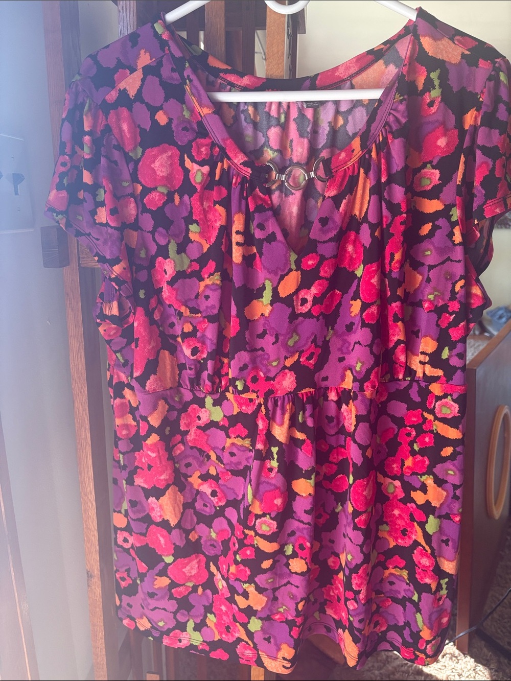 Vibrant Floral Flutter Sleeve Top - Purple, Pink & Orange
